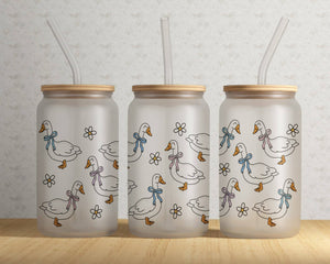 Frosted Can Glass: Blue Ribbon Geese