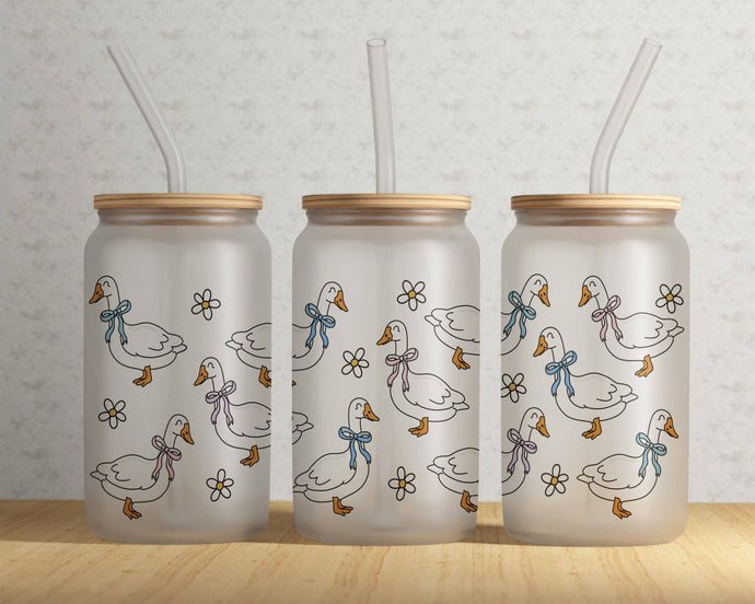 Frosted Can Glass: Blue Ribbon Geese