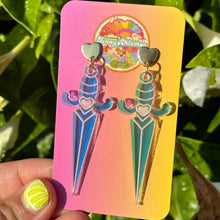 Iridescent Heart Dagger Earrings: Silver