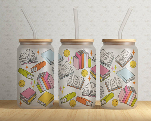 Colorful Books Frosted Can Glass