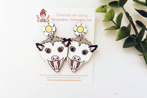Possum Dangle Earrings, Birch Wood, Hand Painted