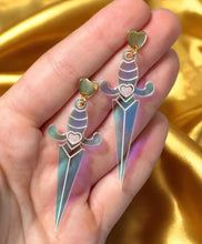 Iridescent Heart Dagger Earrings: Silver