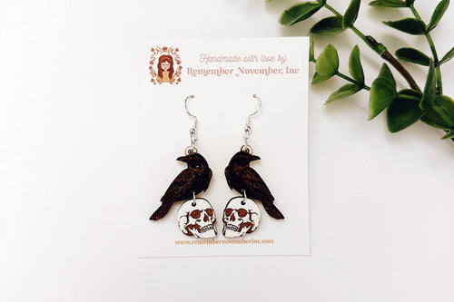 Raven Skull Earrings, Handmade, Birch Wood : Silver Hooks