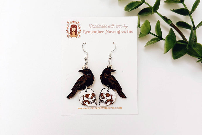 Raven Skull Earrings, Handmade, Birch Wood : Silver Hooks