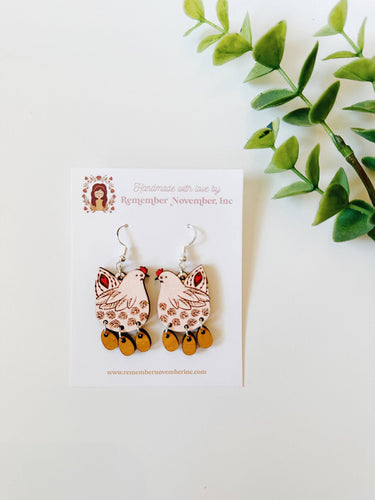 Chicken Earrings, Handmade, Birch Wood: Silver Hooks
