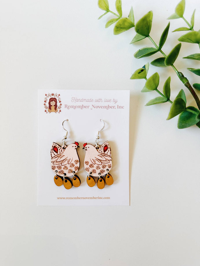 Chicken Earrings, Handmade, Birch Wood: Silver Hooks