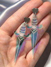 Iridescent Heart Dagger Earrings: Silver