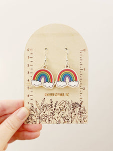 Rainbow Dangle Earrings, Birch Wood, Hand Painted: Sliver