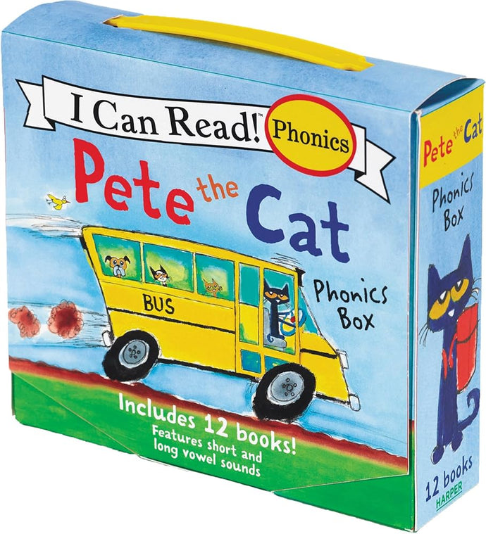 Pete the Cat 12-Book Phonics Fun!: A Box of 12 Mini-Books Featuring Short and Long Vowel Sounds (My First I Can Read) cover image