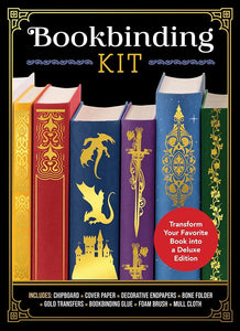 Bookbinding Kit: Transform Your Favorite Book into a Deluxe Edition - Includes: Chipboard, Cover Paper, Decorative Endpapers, Bone Folder, Gold Transfers, Bookbinding Glue, Foam Brush, Mull Cloth cover image