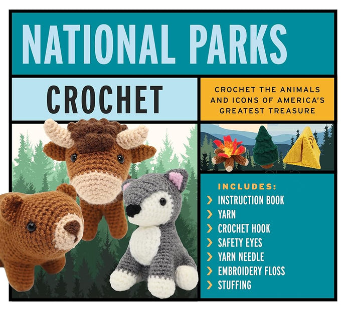 National Parks Crochet Kit: Crochet the Animals and Icons of America's Greatest Treasure - Includes: Instruction Book, 4 Colors of Yarn, Crochet Hook, Safety Eyes, Yarn Needle, Stuffing cover image