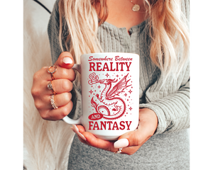 Somewhere Between Reality and Fantasy Book Mug: 15 oz