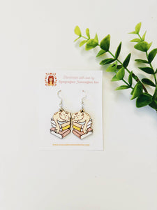 Cat Book Stack Earrings, Handmade, Birch Wood : Silver Hooks