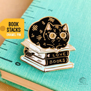 Book Stacks Cat Enamel Pin