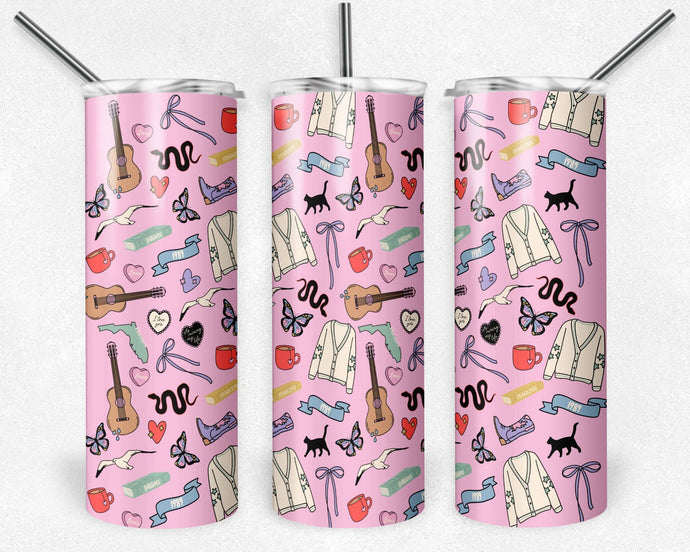 20 oz Skinny Tumbler: Pink Taylor Icons Including TTPD Pattern