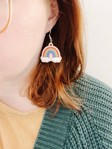 Rainbow Dangle Earrings, Birch Wood, Hand Painted: Sliver