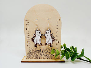 Ghost Cat Dangle Earrings, Handmade, Halloween Cat: Sliver