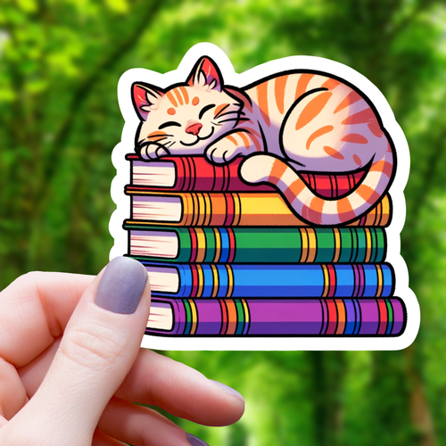 Tabi Cat On Pile of Books Sticker - 3