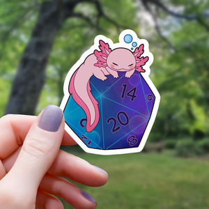 Axolotl On Galaxy D20 Dice Sticker - 3"